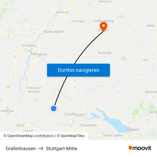 Grafenhausen to Stuttgart-Mitte map