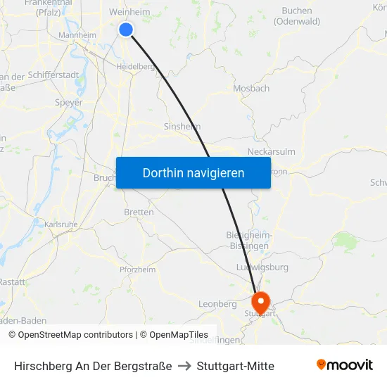 Hirschberg An Der Bergstraße to Stuttgart-Mitte map