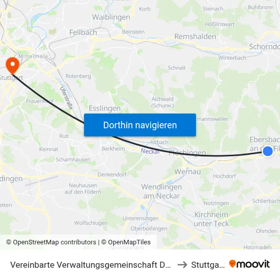 Vereinbarte Verwaltungsgemeinschaft Der Stadt Ebersbach An Der Fils to Stuttgart-Mitte map