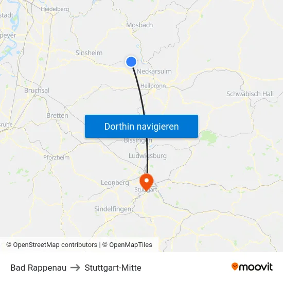 Bad Rappenau to Stuttgart-Mitte map