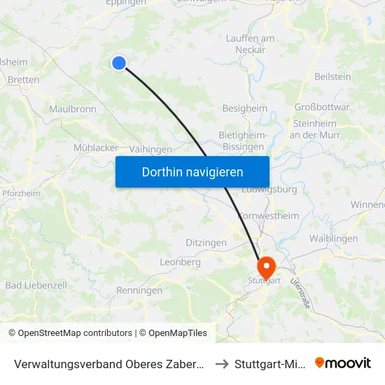 Verwaltungsverband Oberes Zabergäu to Stuttgart-Mitte map