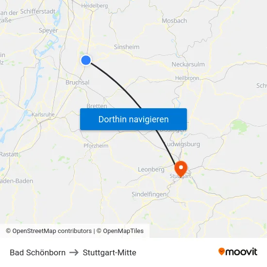 Bad Schönborn to Stuttgart-Mitte map