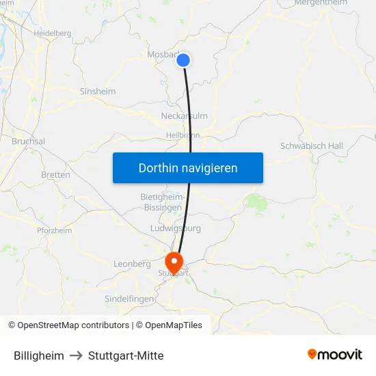 Billigheim to Stuttgart-Mitte map