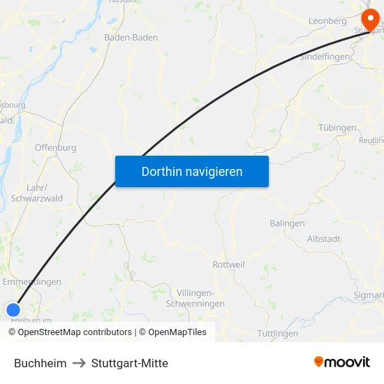 Buchheim to Stuttgart-Mitte map