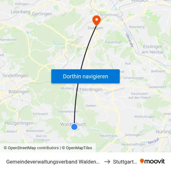 Gemeindeverwaltungsverband Waldenbuch/Steinenbronn to Stuttgart-Mitte map