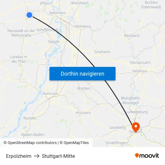 Erpolzheim to Stuttgart-Mitte map