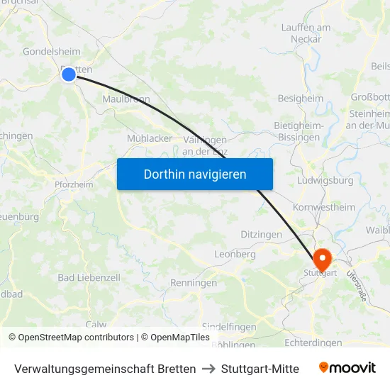 Verwaltungsgemeinschaft Bretten to Stuttgart-Mitte map