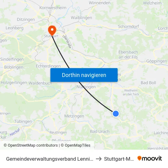 Gemeindeverwaltungsverband Lenningen to Stuttgart-Mitte map