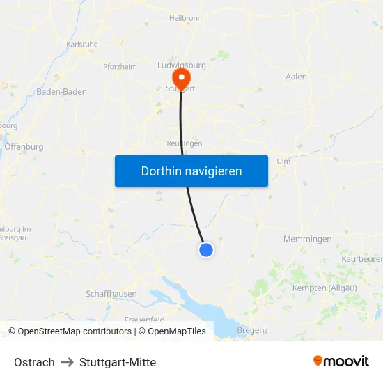 Ostrach to Stuttgart-Mitte map