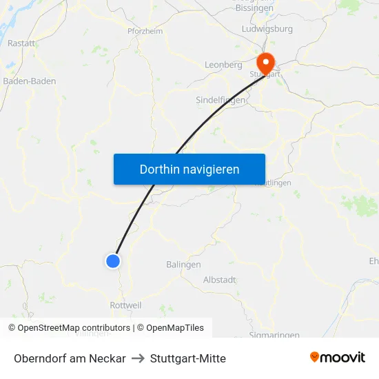 Oberndorf am Neckar to Stuttgart-Mitte map