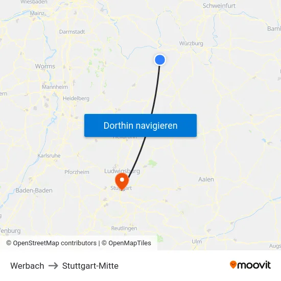 Werbach to Stuttgart-Mitte map