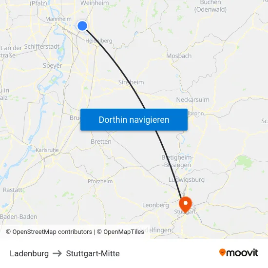 Ladenburg to Stuttgart-Mitte map