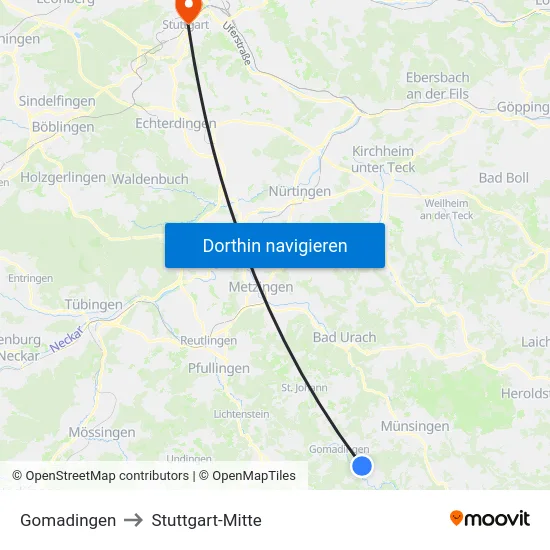 Gomadingen to Stuttgart-Mitte map