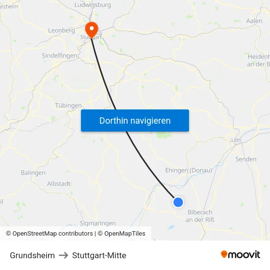 Grundsheim to Stuttgart-Mitte map