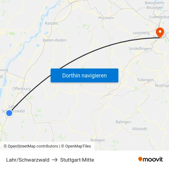 Lahr/Schwarzwald to Stuttgart-Mitte map