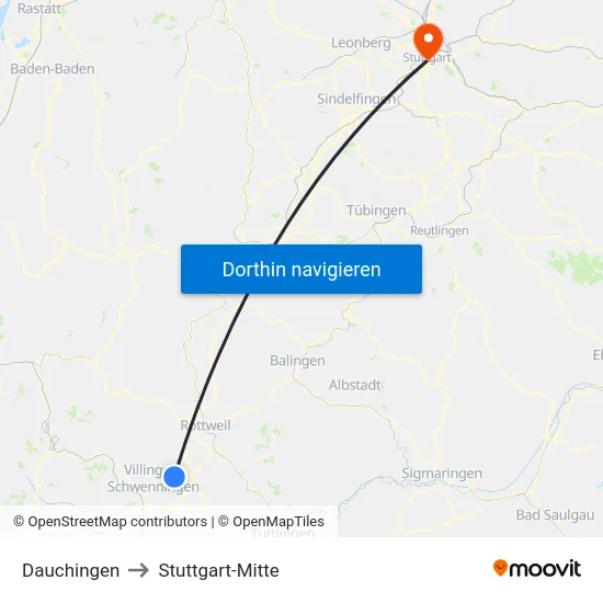 Dauchingen to Stuttgart-Mitte map