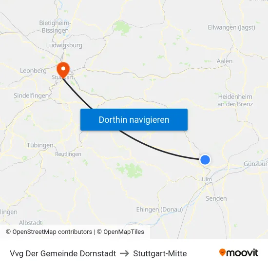 Vvg Der Gemeinde Dornstadt to Stuttgart-Mitte map