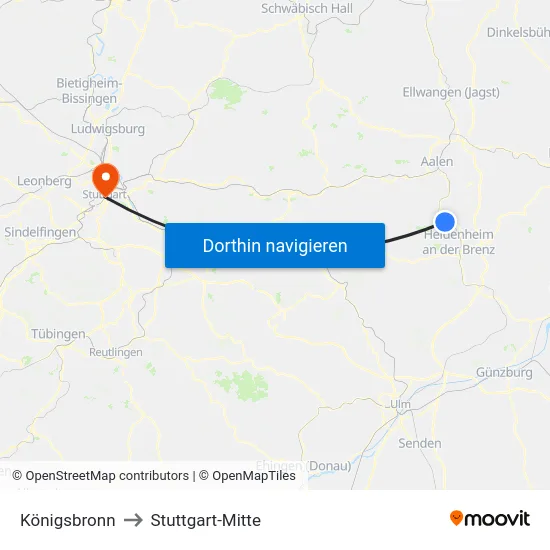 Königsbronn to Stuttgart-Mitte map