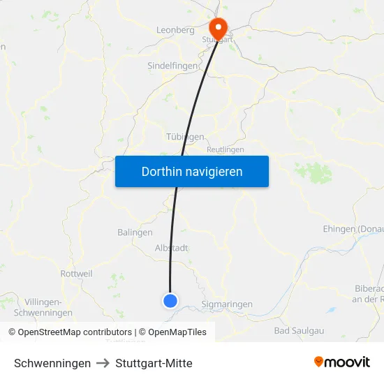 Schwenningen to Stuttgart-Mitte map