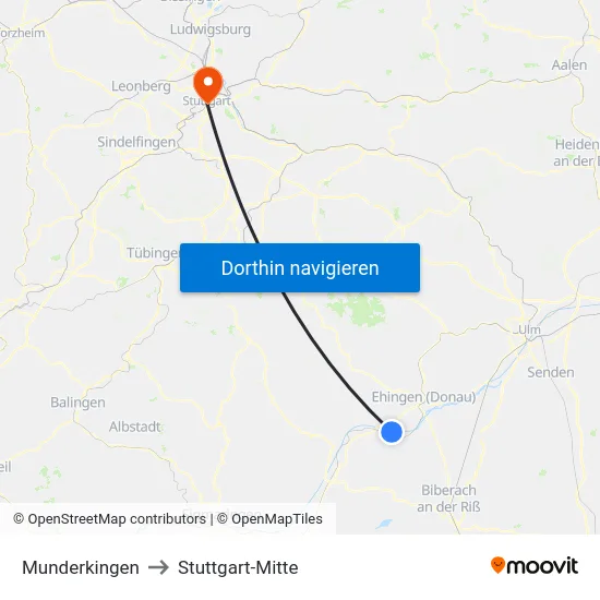 Munderkingen to Stuttgart-Mitte map