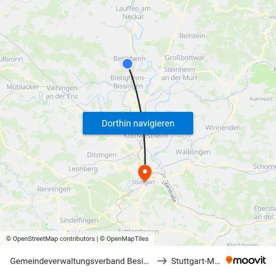 Gemeindeverwaltungsverband Besigheim to Stuttgart-Mitte map