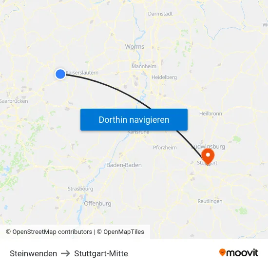 Steinwenden to Stuttgart-Mitte map