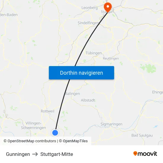 Gunningen to Stuttgart-Mitte map