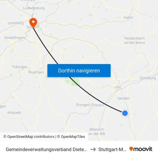 Gemeindeverwaltungsverband Dietenheim to Stuttgart-Mitte map