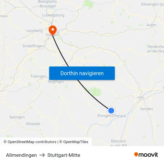 Allmendingen to Stuttgart-Mitte map