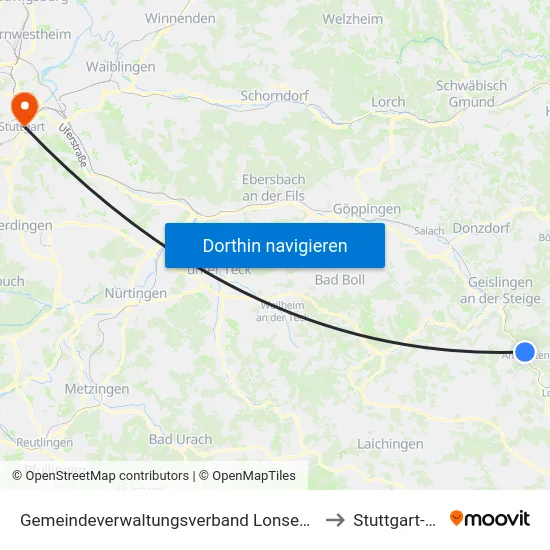 Gemeindeverwaltungsverband Lonsee-Amstetten to Stuttgart-Mitte map