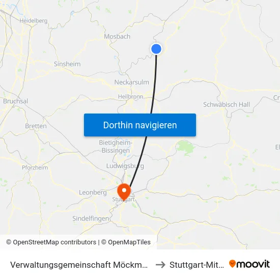 Verwaltungsgemeinschaft Möckmühl to Stuttgart-Mitte map