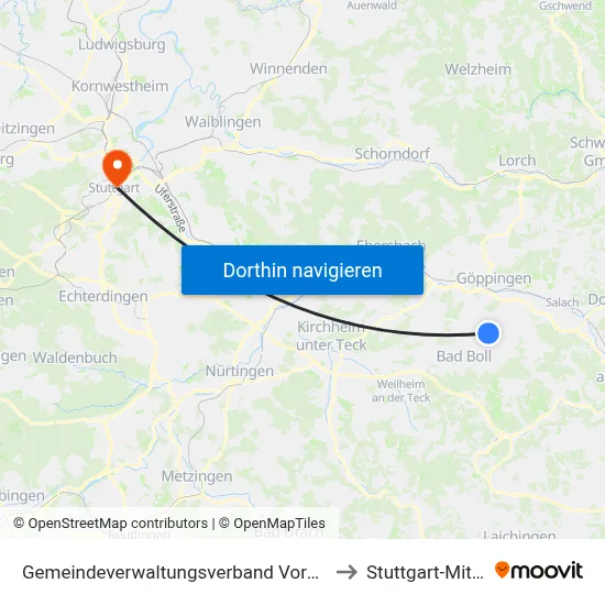 Gemeindeverwaltungsverband Voralb to Stuttgart-Mitte map