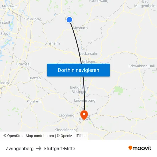 Zwingenberg to Stuttgart-Mitte map