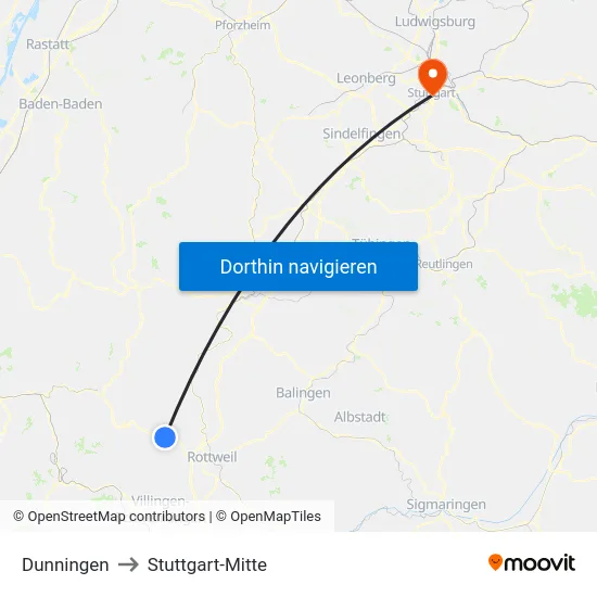 Dunningen to Stuttgart-Mitte map