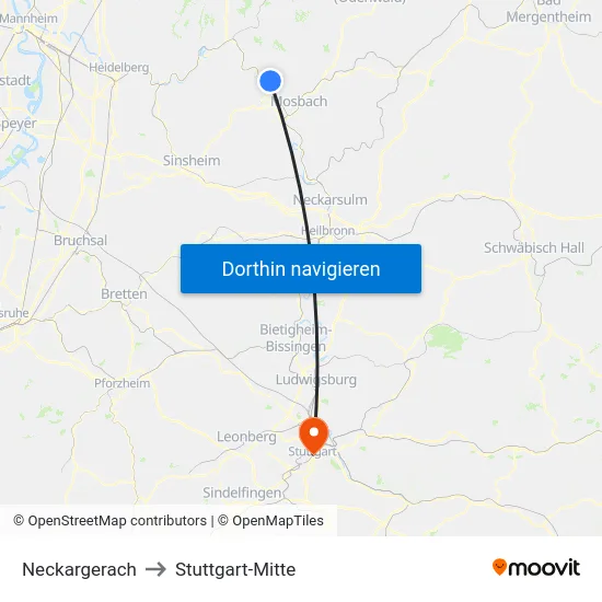 Neckargerach to Stuttgart-Mitte map