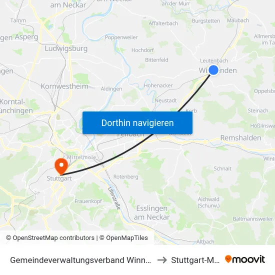 Gemeindeverwaltungsverband Winnenden to Stuttgart-Mitte map