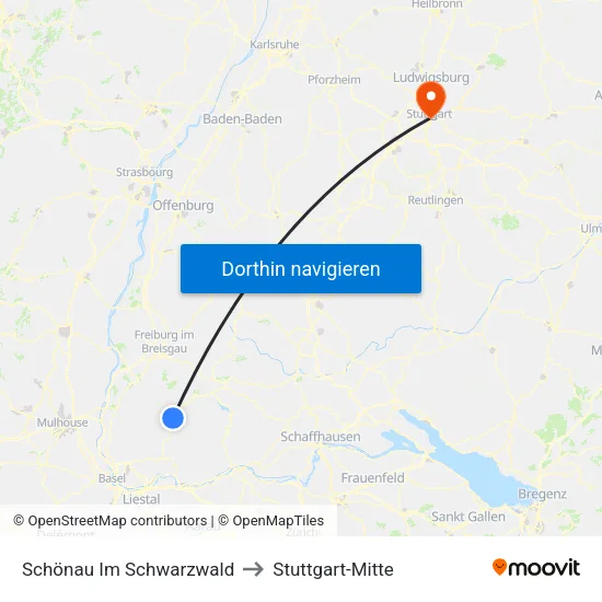 Schönau Im Schwarzwald to Stuttgart-Mitte map