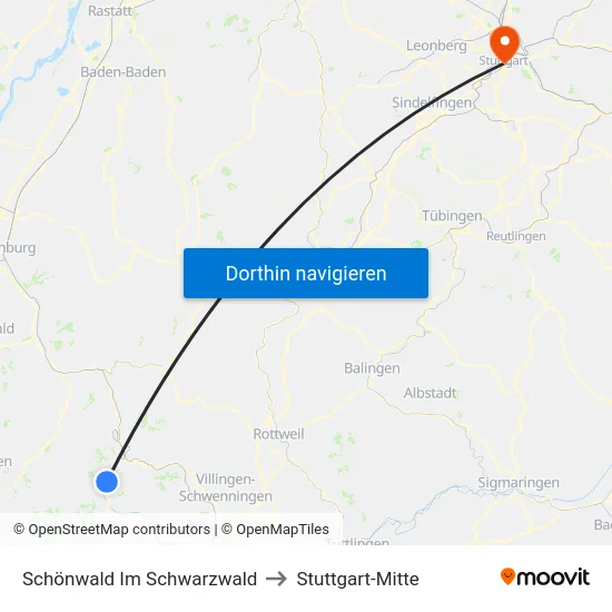 Schönwald Im Schwarzwald to Stuttgart-Mitte map