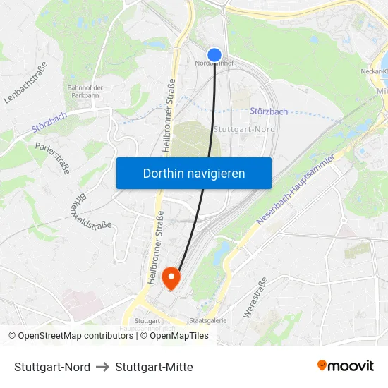 Stuttgart-Nord to Stuttgart-Mitte map