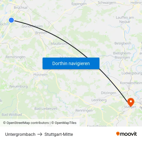 Untergrombach to Stuttgart-Mitte map