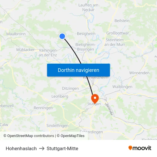 Hohenhaslach to Stuttgart-Mitte map