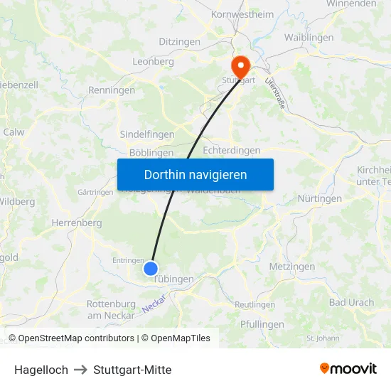 Hagelloch to Stuttgart-Mitte map