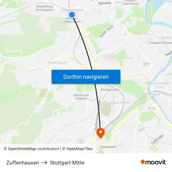 Zuffenhausen to Stuttgart-Mitte map