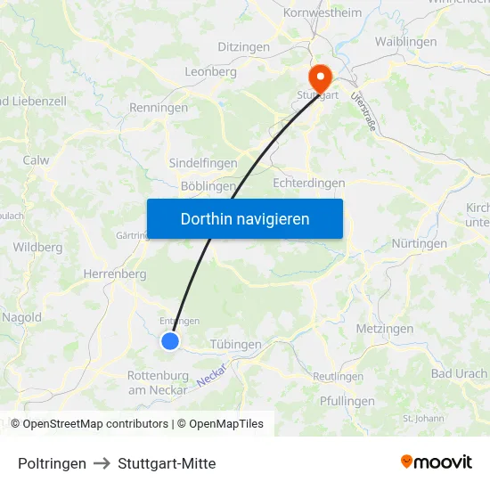 Poltringen to Stuttgart-Mitte map
