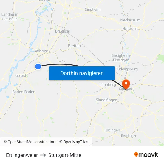 Ettlingenweier to Stuttgart-Mitte map