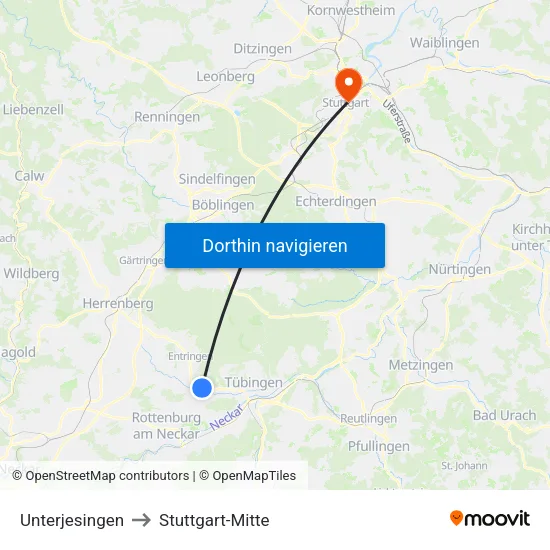 Unterjesingen to Stuttgart-Mitte map