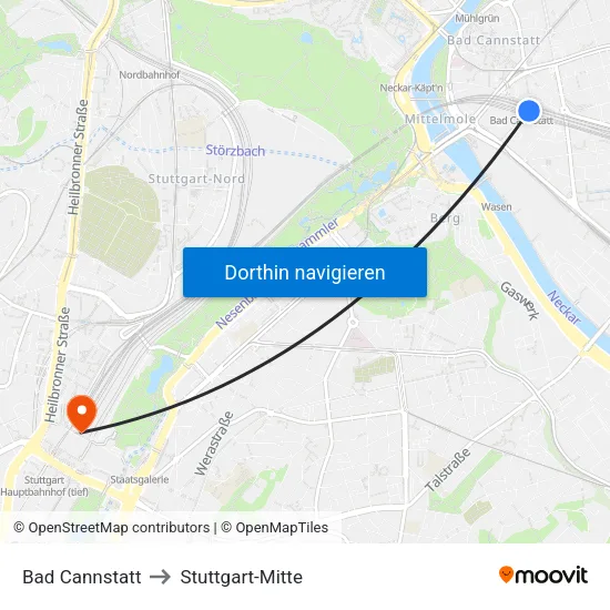 Bad Cannstatt to Stuttgart-Mitte map