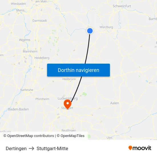 Dertingen to Stuttgart-Mitte map