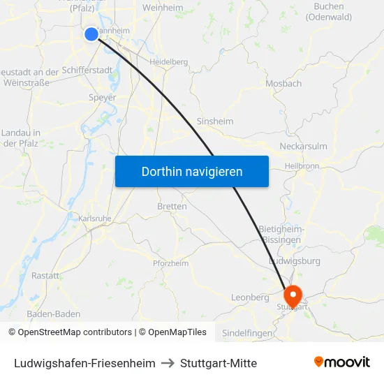 Ludwigshafen-Friesenheim to Stuttgart-Mitte map