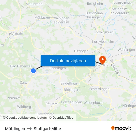 Möttlingen to Stuttgart-Mitte map